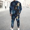 Men Plus Size Printed Navy Blue Round Neck Long Sleeve Top And Cuffed Pants Two Piece Sets