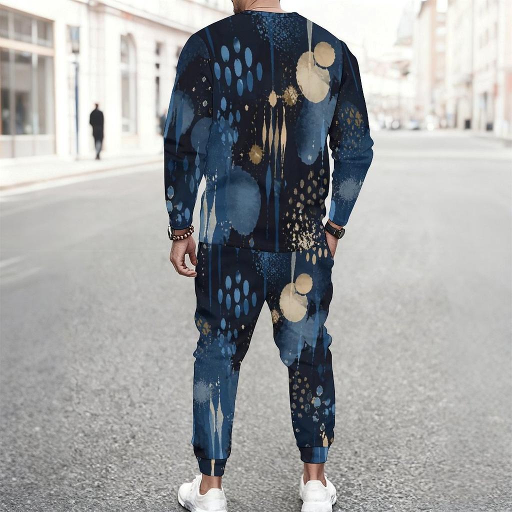 Men Plus Size Printed Navy Blue Round Neck Long Sleeve Top And Cuffed Pants Two Piece Sets