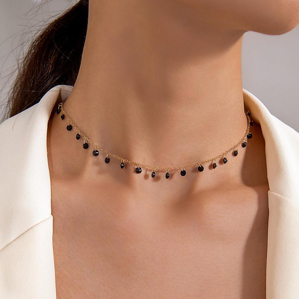 French Retro Colored Zircon Stone Pendant Choker Necklace for Women Fresh Style Versatile Daily Collarbone Short Necklace