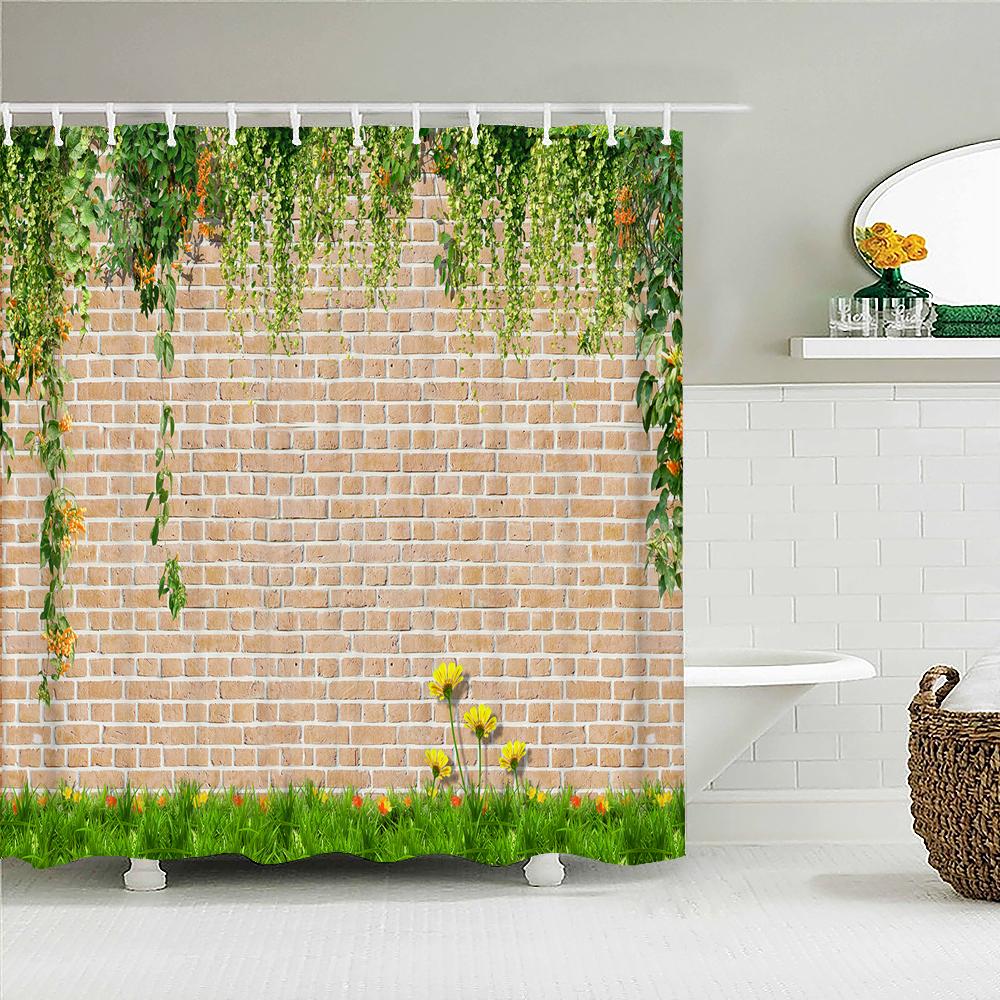 Retro Old Brick Wall Plant Printing Fabric Waterproof Shower Curtain Bathroom Curtains Bathtub Decor Bath Screen with 12 Hooks