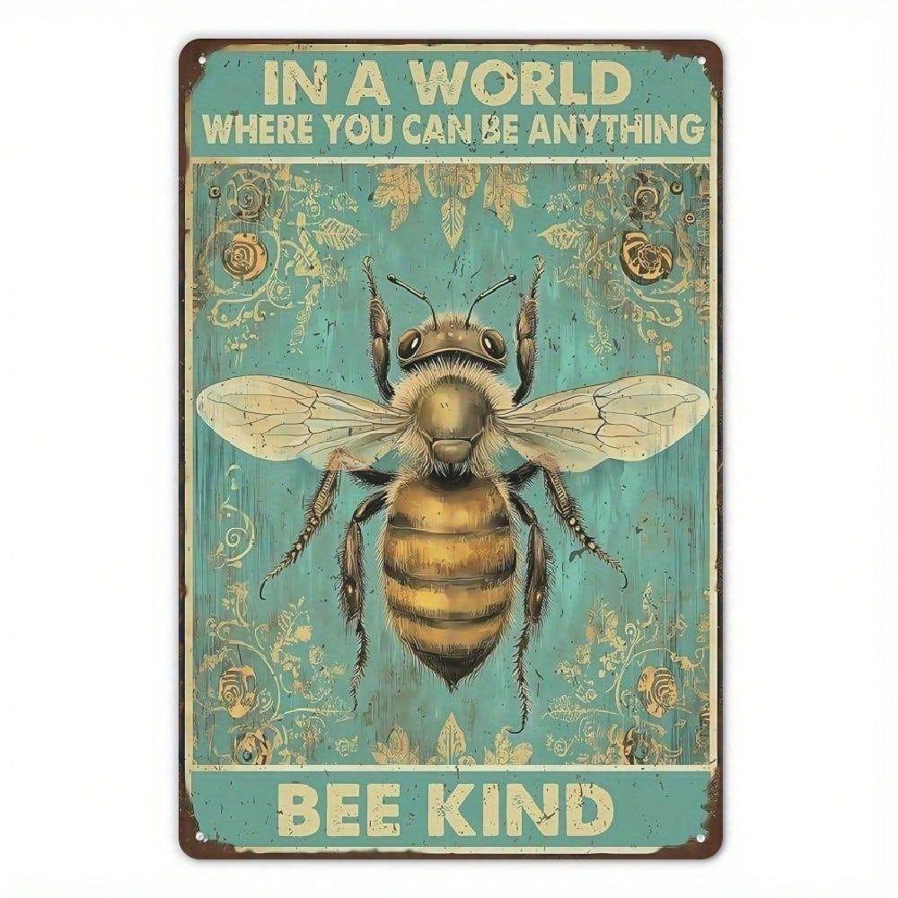 Vintage Metal Sign Bee Kind Wall Decor, Rustic Kitchen Tin Poster