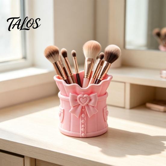Desktop Organization Cup Pink Bow Makeup Brush Holder, 3D Printed Desk Organizer, Cosmetic Holder Brushes & Pen Storage for Vanity Decoration