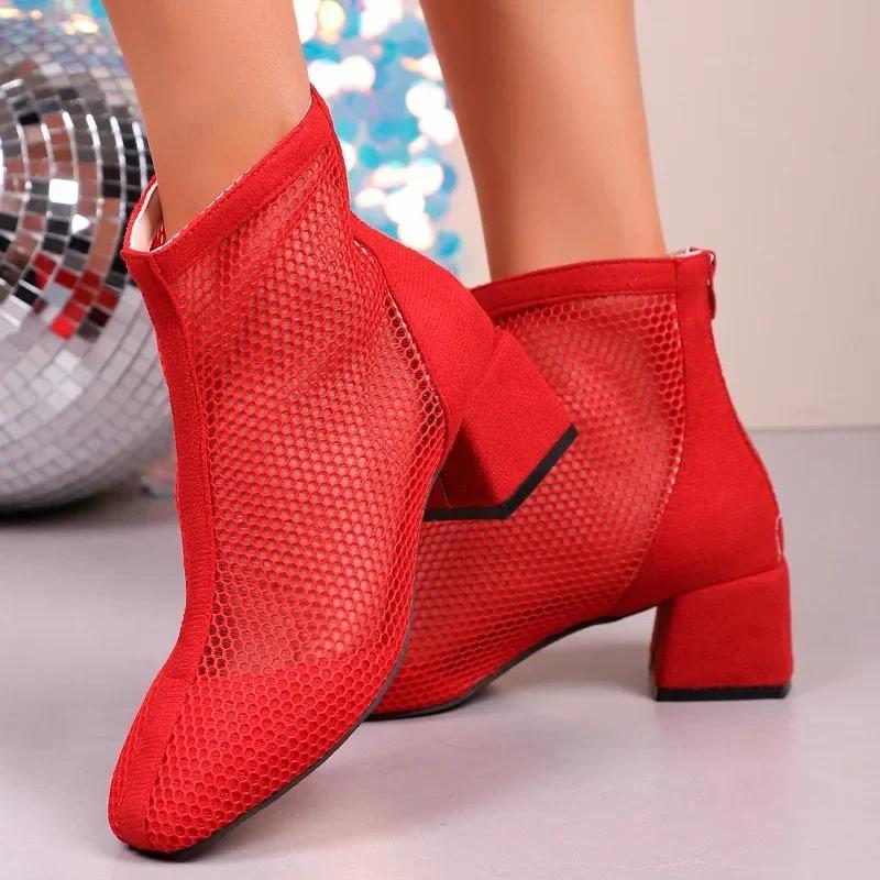 Summer New Mesh Breathable Soft Sole Roman Heel Square Cooling Boots Square Toe Back Zip Shortleg Boots