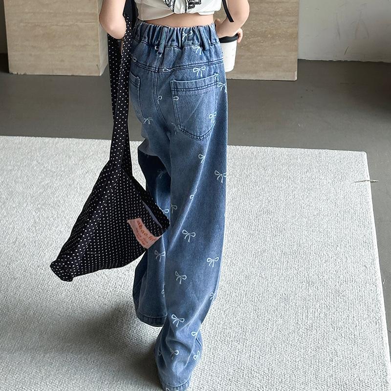 Summer Casual Style Jeans For Girl Teenage Clothes Bow Print Denim Wide Leg Pants Spring Big Kids Straight Trousers
