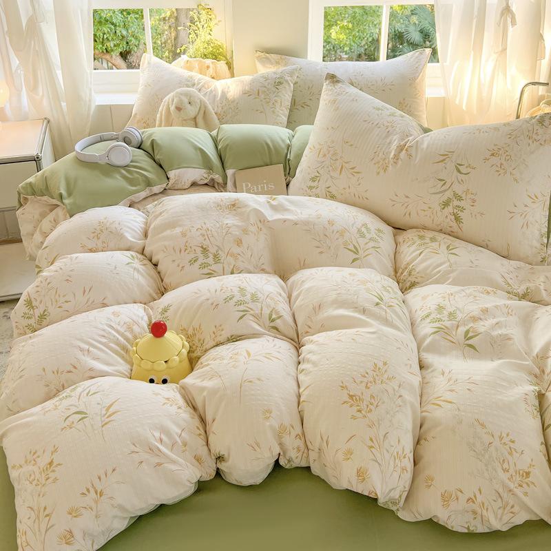 A Type Small Fresh Four-piece Set Ins Household Bed Sheet Quilt Cover Washed Cotton Double-layer Yarn Quilt Cover Bedding Three-piece Set