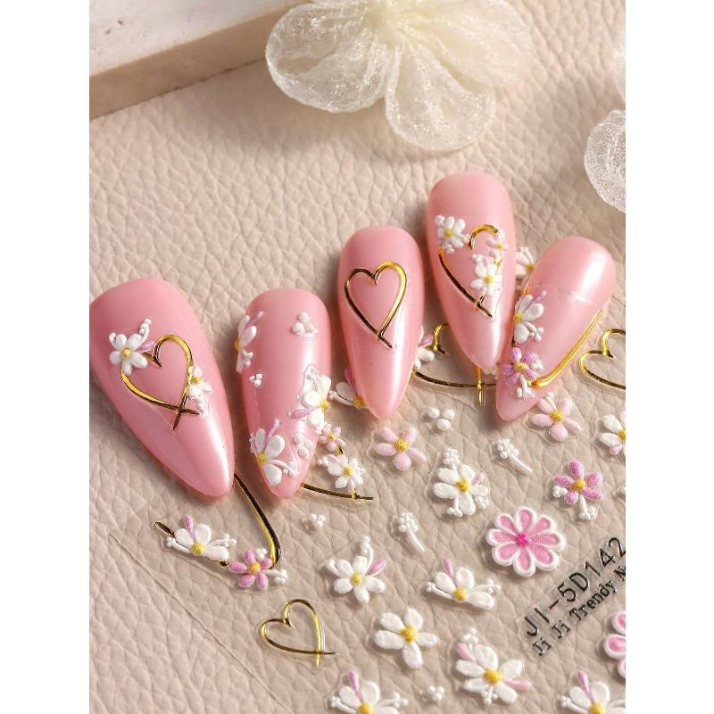 1Pc Spring And Summer Hot Stamping Flower Heart-Shaped Nail Art Stickers White Flowers, Hollow Heart-Shaped Nail Art Decal