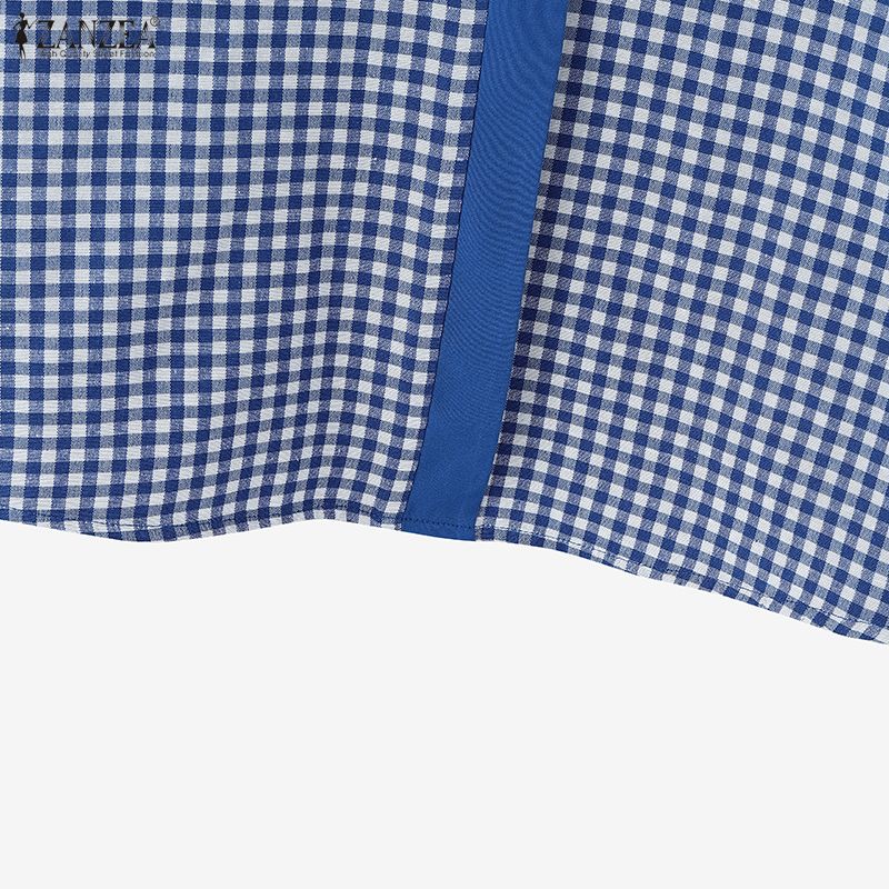 ZANZEA Women Casual V-Neck Loose 3/4 Sleeve Plaid Print Blouse