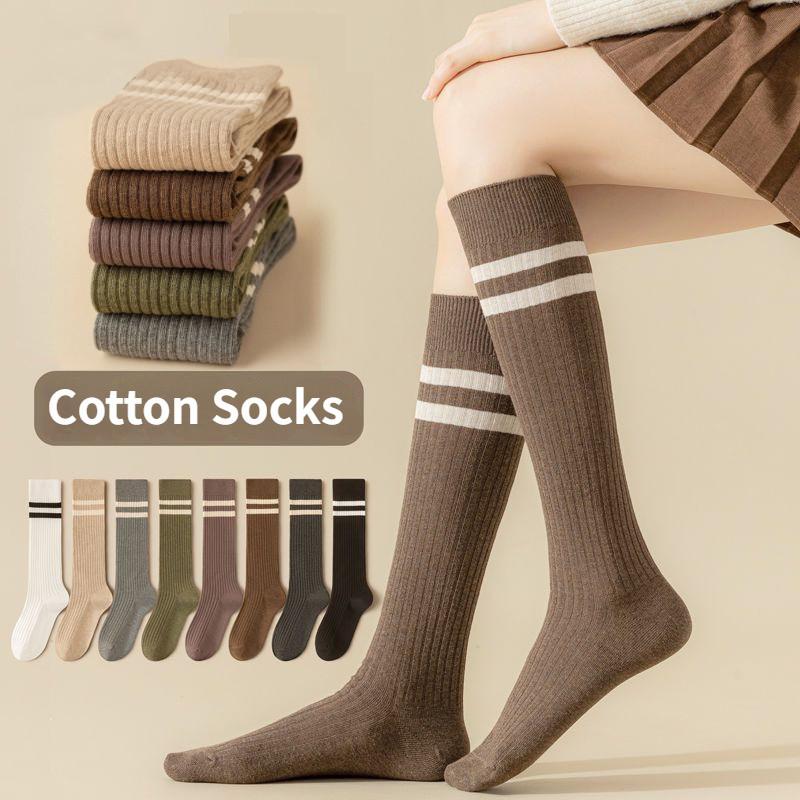 Women Striped Cotton Long Socks Japanese JK Black White Knee High Stockings Long Tube Leg Solid Color Girls Students Warm Socks