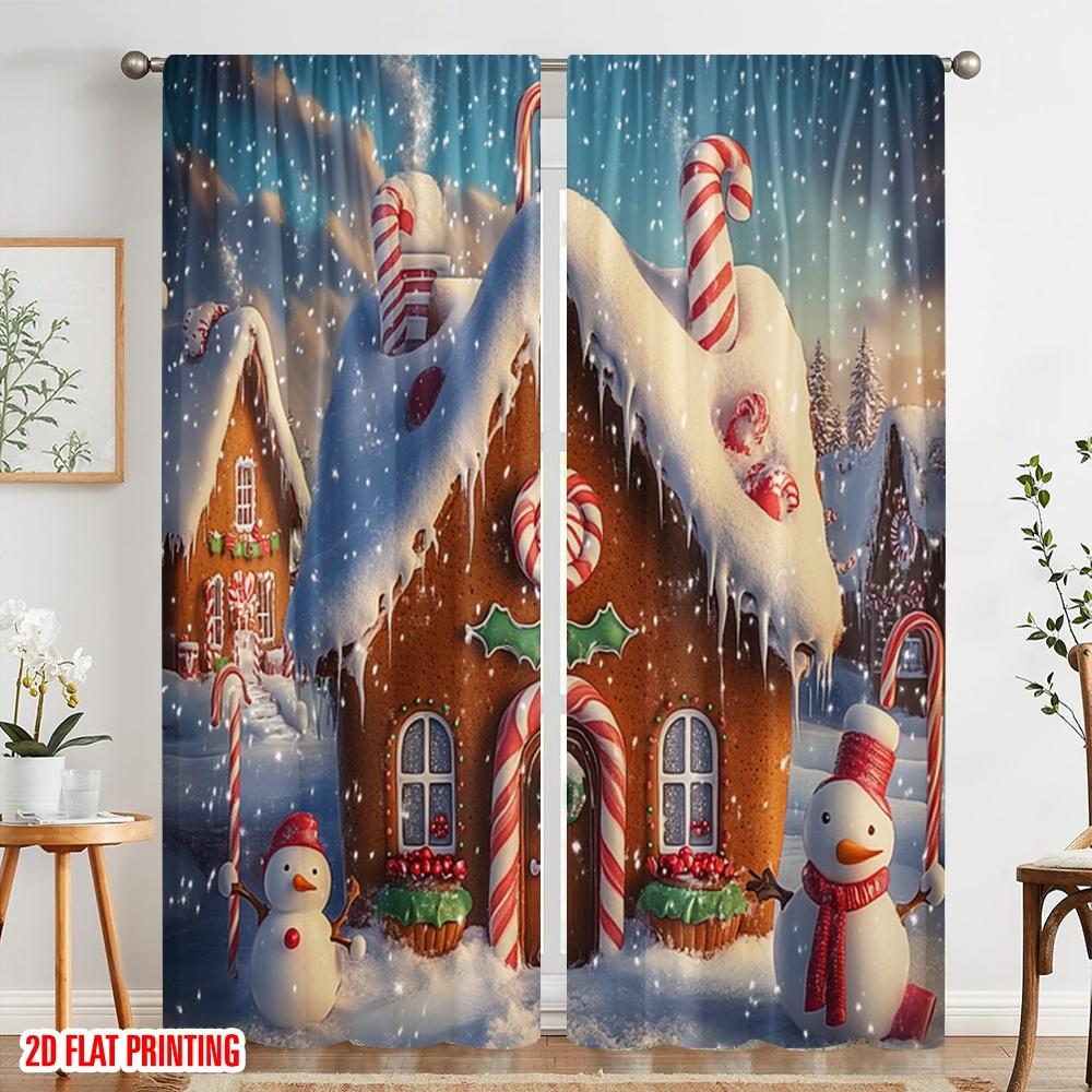 2 Stück, 2D-Flachdruck Zeitgenössische Vorhänge Lebkuchenhaus Schneemann Süßigkeiten (3) Polyester, einfache Installation (ohne Stange) Festlich