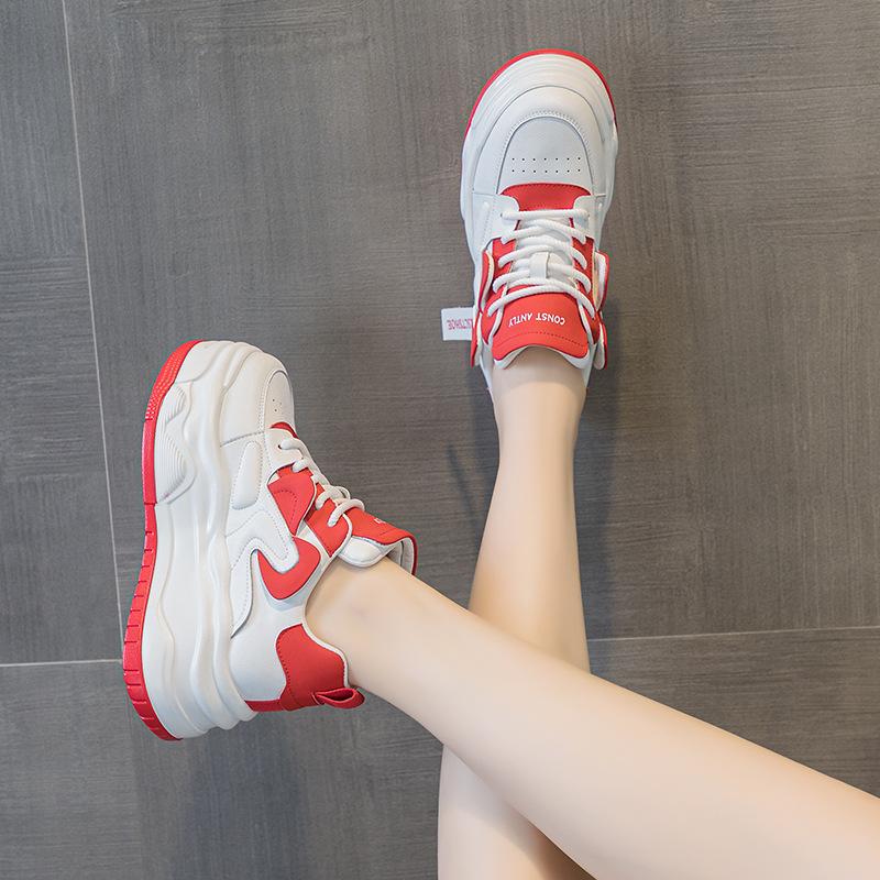 

5686 casual shoes women s spring new thick-soled cowhide little white shoes lace-up versatile classic sports board shoes 40 красный