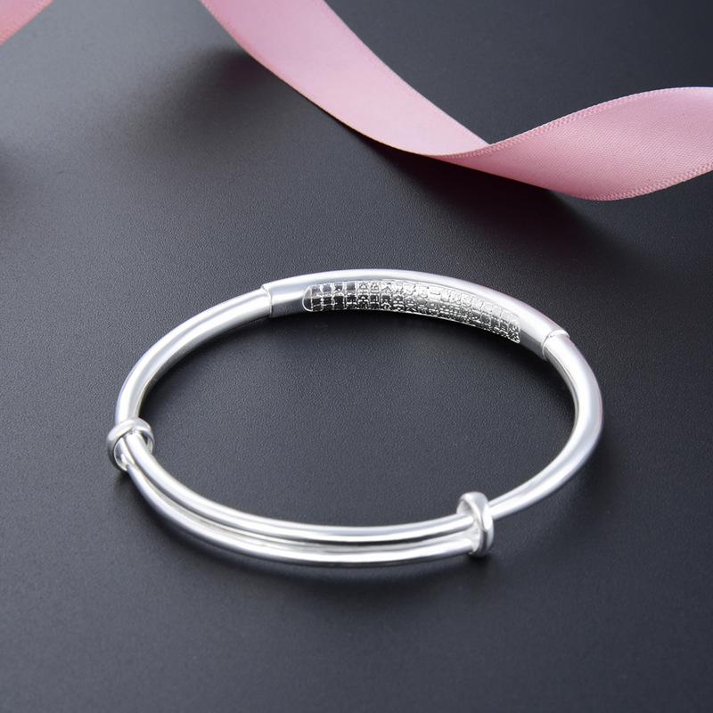 Six Character True Words Pure Silver Bracelet 999 Silver Ethnic Style Retro Sliding Style Smooth Solid Mother's Foot Silver Bracelet