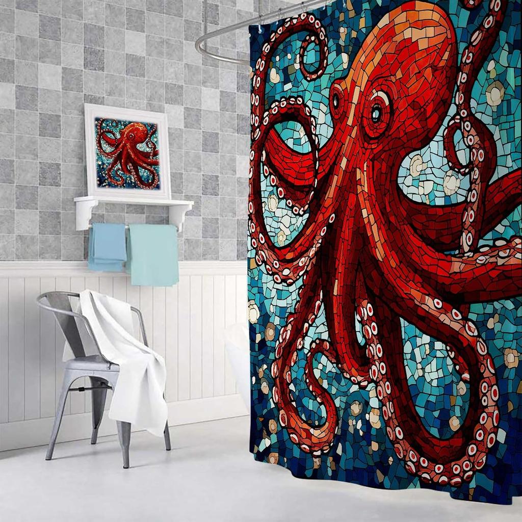 Octopus Shower Curtain For Bathroom, Cool Ocean Nautical Red Kraken Fabric Shower , Trippy Funny Restroom Decor Accessories
