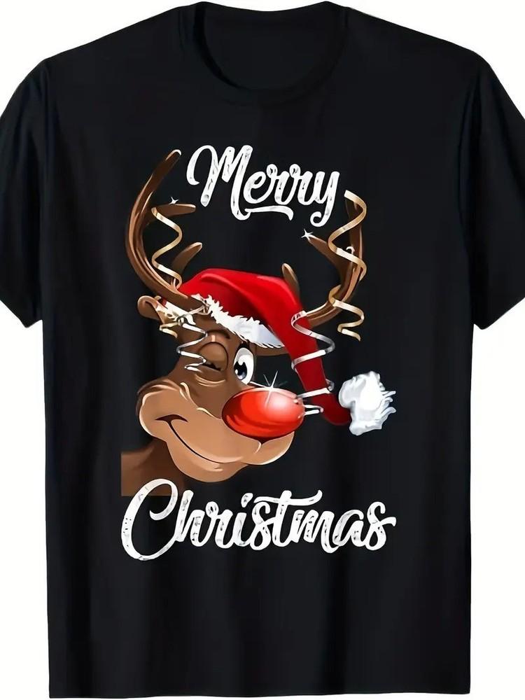 Cute Rudolph Red Nose Reindeer Santa Hat Merry Christmas T-Shirt S-5XL Q7458