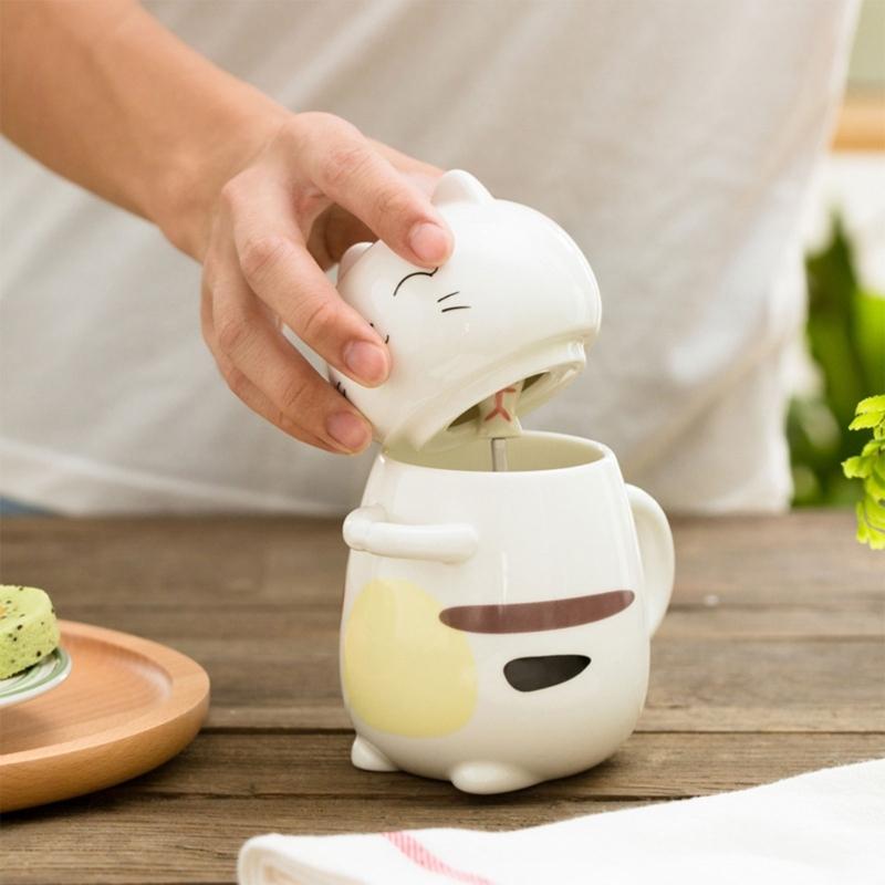 400ml Cats Cup Set with Spoon and Lid Animal Drinkware Cute Cats Coffee Cup with Spoon and Lid Delicate Ceramic Mug Cup