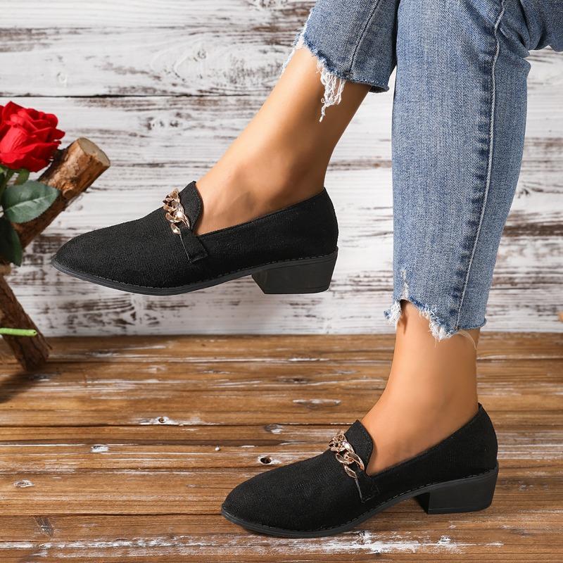 Fashion Women's Coarse Heel Shoes Autumn New Pointed Head Shallow Mouth Metal Chain Anti-slip Wear-resistant Low-top Shoes