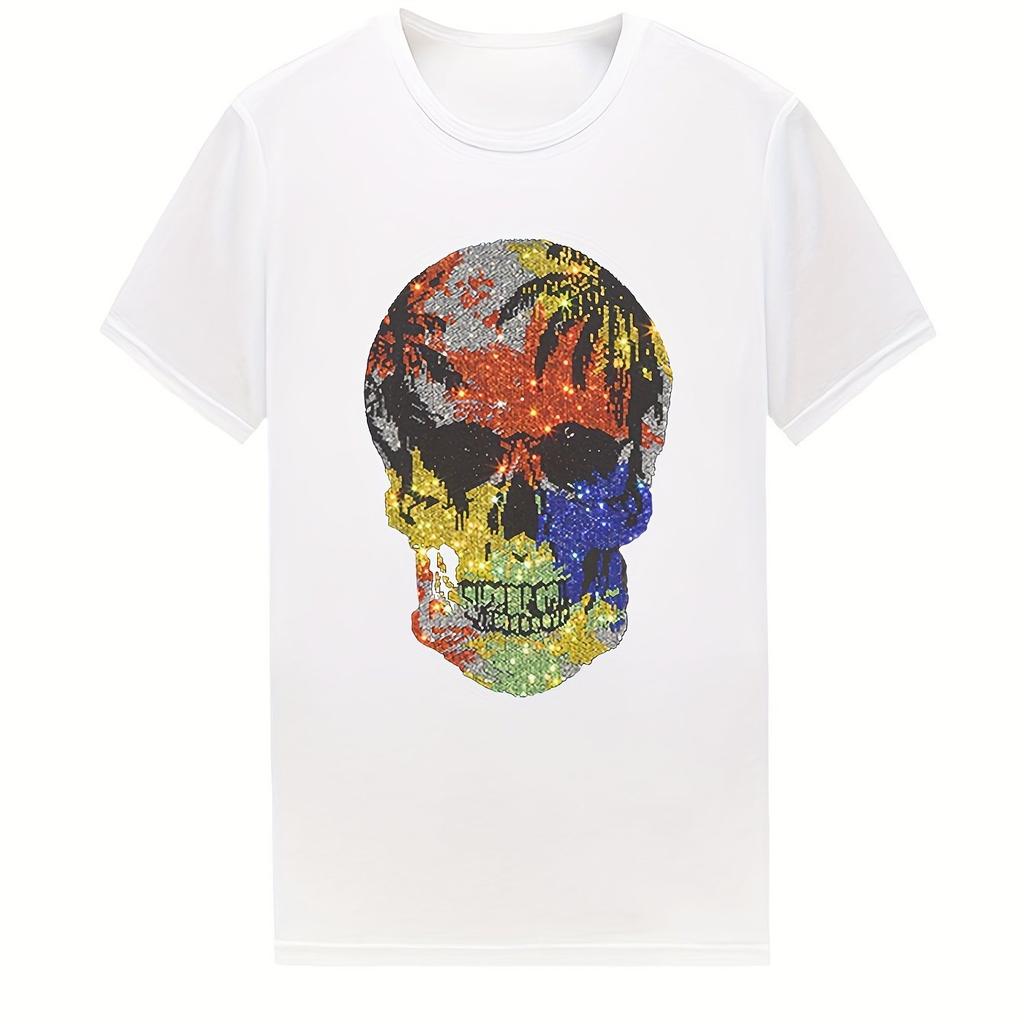 Men Women Sparkling Rhinestone Skull Graphic T-Shirt Black with Multicolor Bling Round Neck Short Sleeve Casual Tee