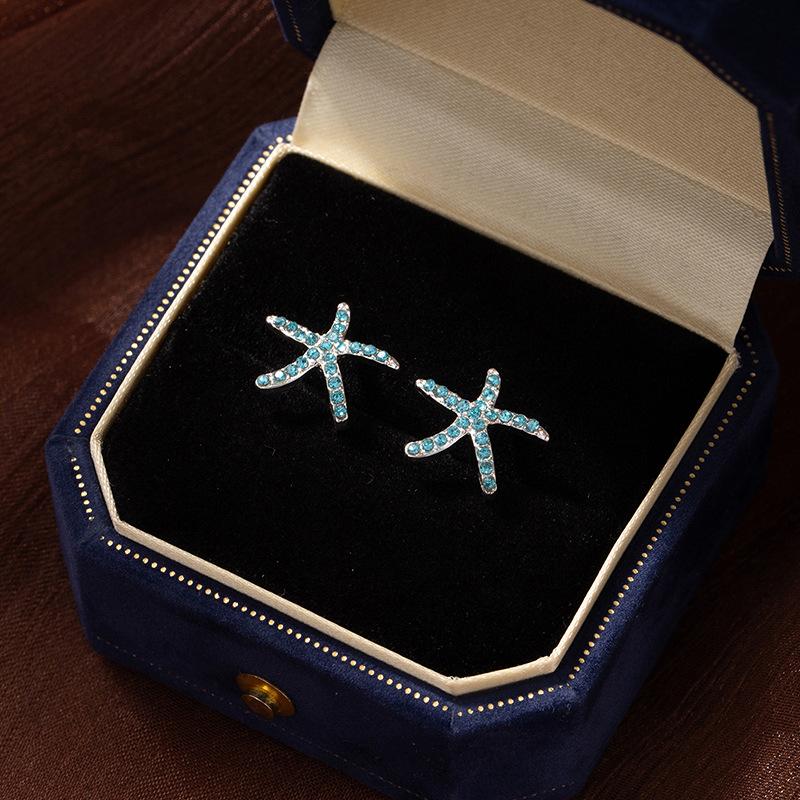 Light Luxury Flash Diamond Blue Starfish Earrings Women S Personality High-End Stud Earrings Niche Daily Versatile Earrings