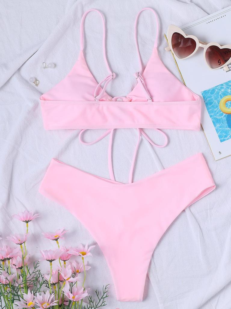 2023 New Bikini Solid Color Lace-up Sexy Bikini Split Swimsuit Woman Swimsuit