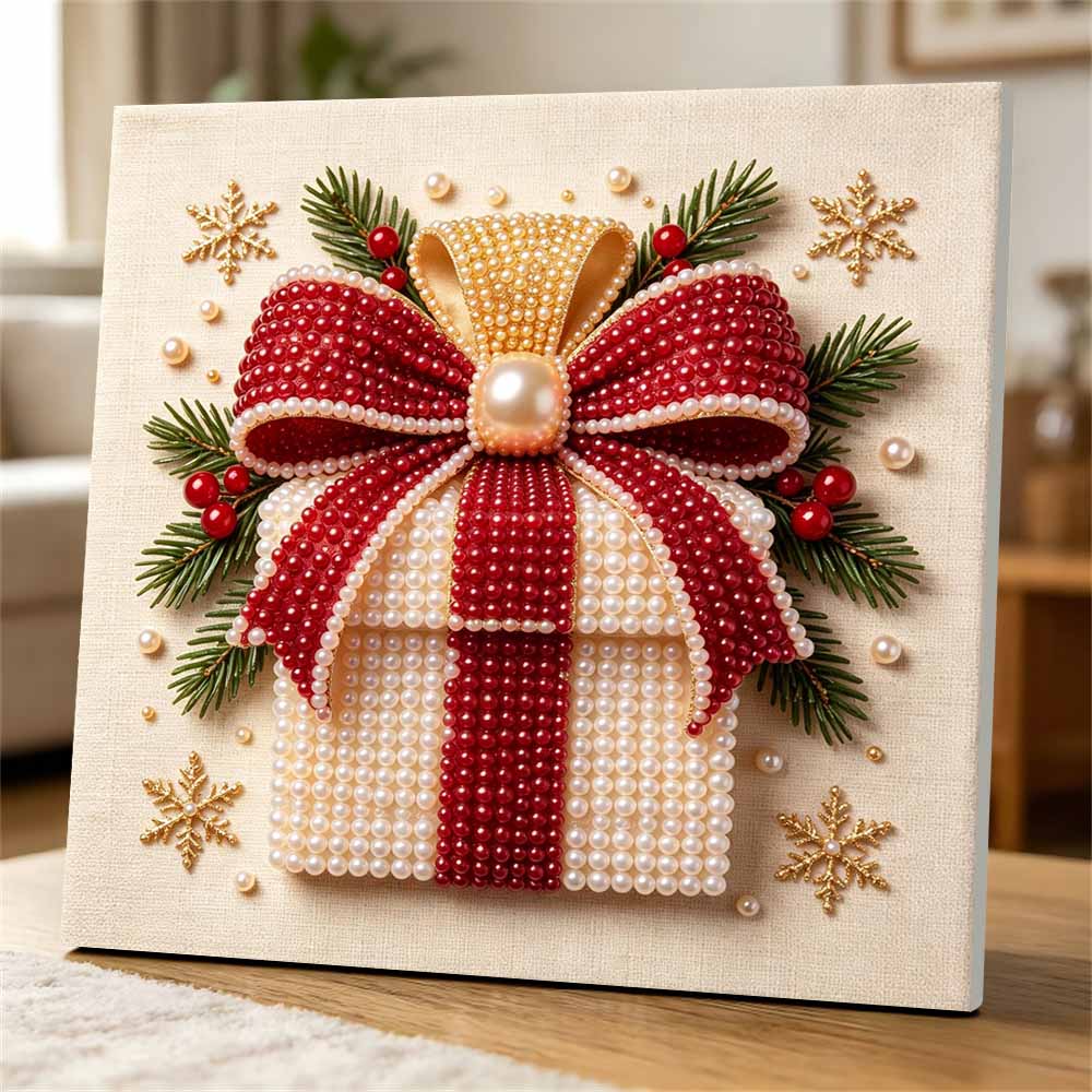 Premium Framed Pearl Art Kit with Christmas Gift Bow 5D Sparkling Bead Canvas DIY Relaxing Craft for Home Wall Decor Gift