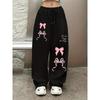 Sweet Pink Bow Pattern Printed Black Pants, Casual Sports Straight Leg Pants, Drawstring Wide Leg Pants, All Season Pants
