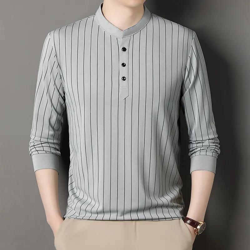 

Fashionable Long-sleeved Stand Collar Men s New Autumn New Fashion Casual Striped Versatile Loose Top Pullover L сірий колір
