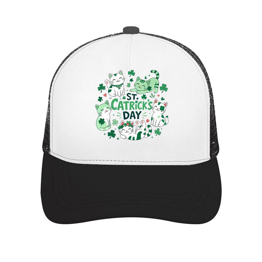 Lucky Cats Clover Parade Typography Mesh Baseball Cap Casual Hat Outdoor For Womens Unisex FeUnisex