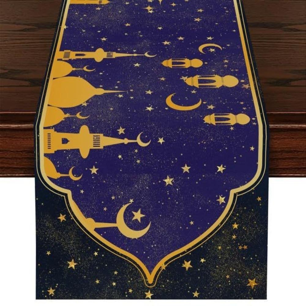 Thickened Ramadan Table Runner Vintage Decorative Dining Table Flag Castle Lantern Pattern Table Cover Islamic Party Decor