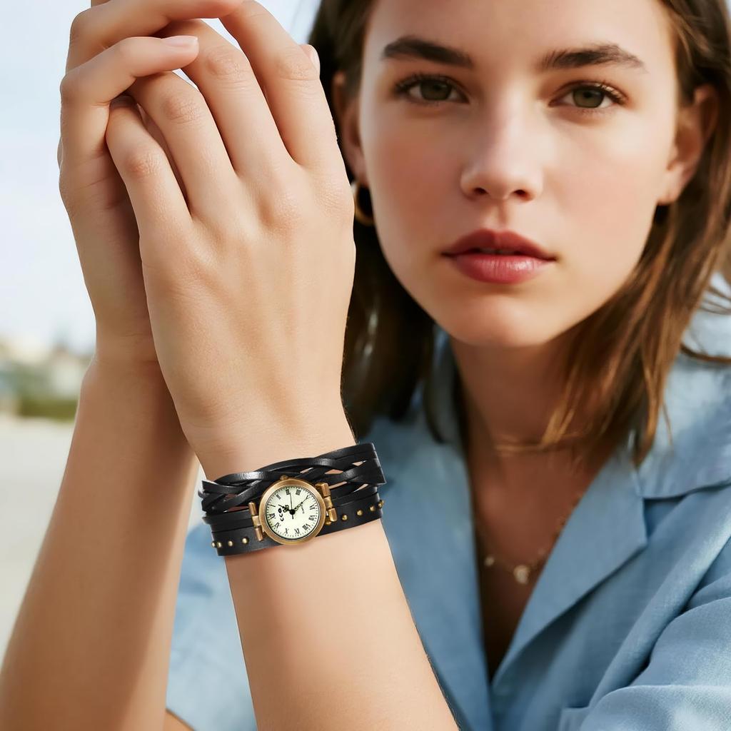 Unisex Braided Leather Strap Antique Waterproof Analog Display Leather Bracelet Watch with Quartz Wide Range of Functions Perfect Gift for Day Watch