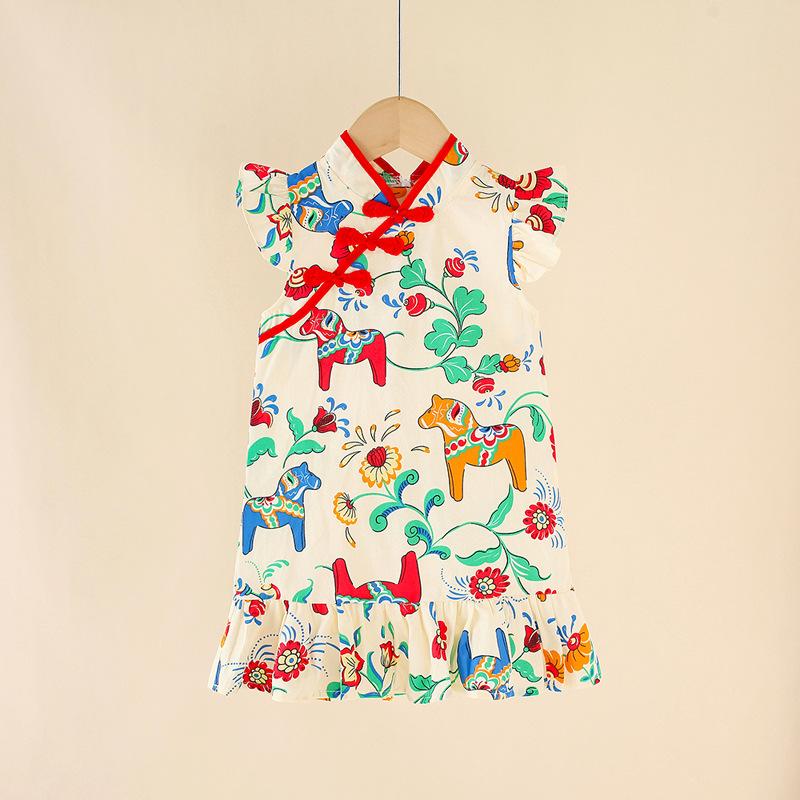 Girls Summer Modified Cheongsam Dress Ethnic Elegant Princess Party Dress for Kids 90cm