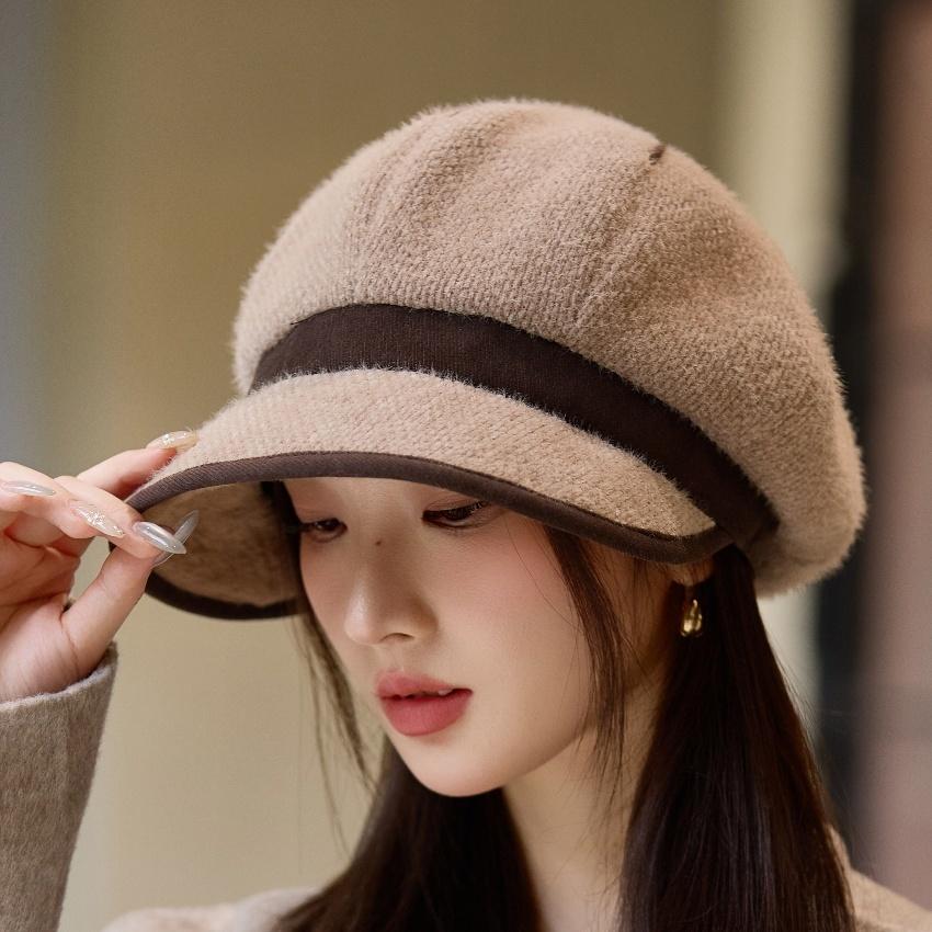 Fleece Warm Octagonal Hat Women's Autumn and Winter Outdoor Windproof Ear Protection Beret British Retro Cap