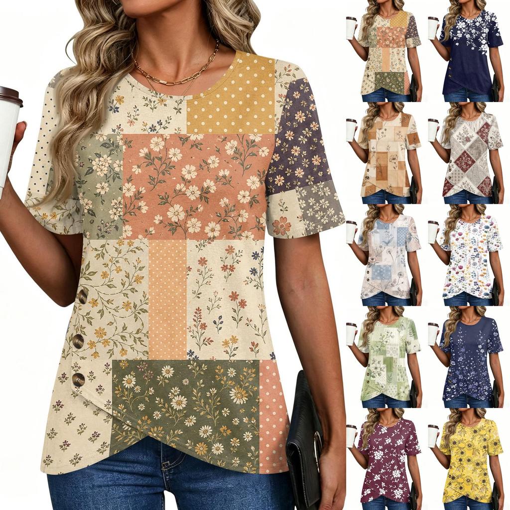 Damen Kurzarm Rundhals Oberteil Blumenprint Knopfdetail Lässiges T-Shirt Bluse Leichter Weicher Stoff Patchwork Design