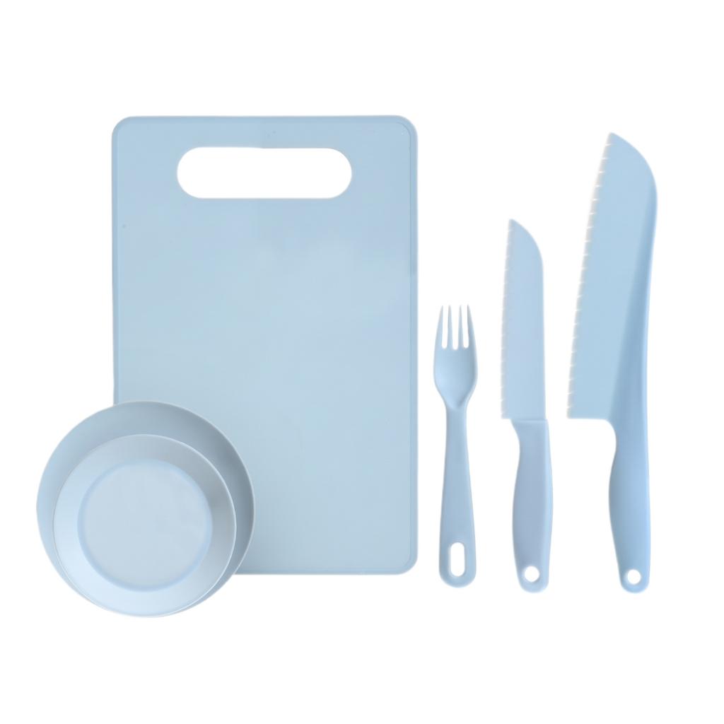 Children Plastic Kitchen Knife and Fruit Knife Educational Set with Cutting Board Plate and Fork for Safe Food Preparation