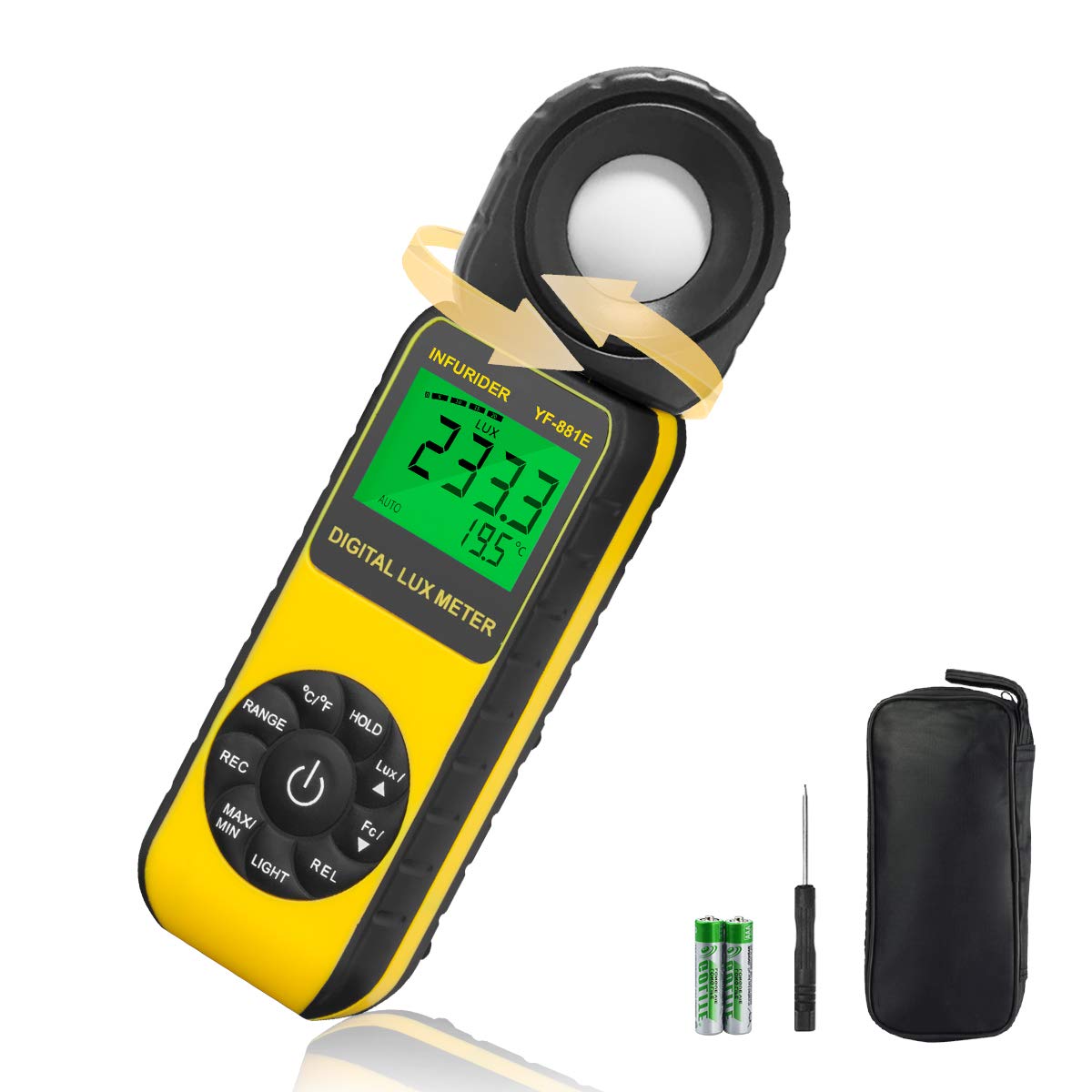 

INFURIDER Digital Illuminance Meter, Lux Meter YF-881E Portable Light Meter, Measures up to 300,000 Lux, Built-in Temperature Gauge, Brightness Measur