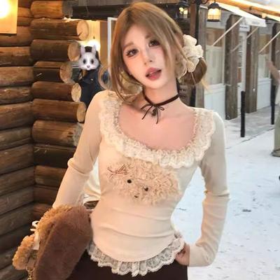 Girls Cute Lace T-shirts Square Collars Y2K Tops For Women's T-shirts Casual Tops Fashion Lady Cloths Design Tees