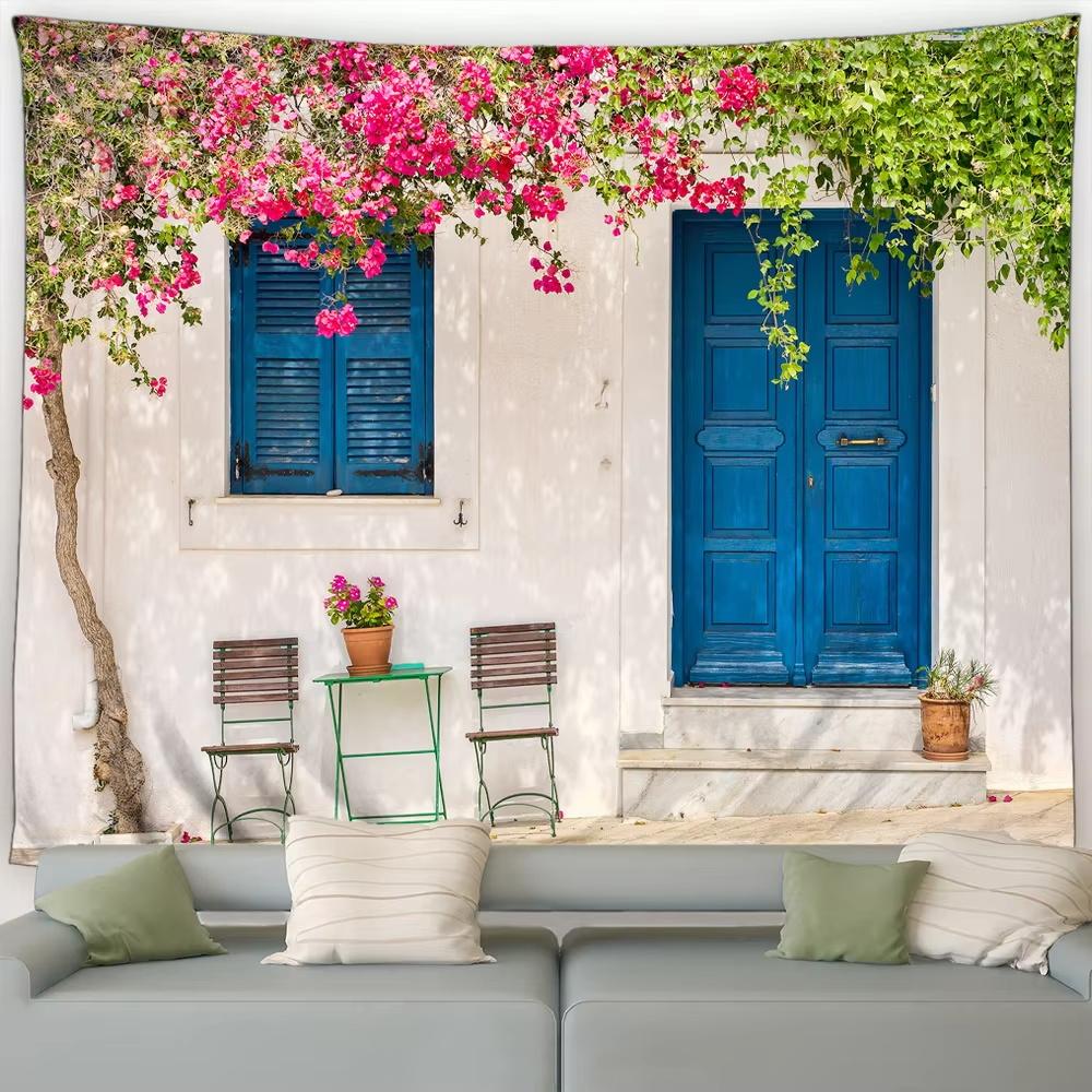 Street Flower Scenery Tapestry Vintage Blue Wooden Door Floral Plants Nature Landscape Home Garden Decor Wall Hanging Picnic Mat