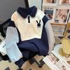 Color Blocked Rabbit Embroider Women's Hoodie Half Button Lapel Oversized Pullover Spring Autumn Loose Woman Fashion Top