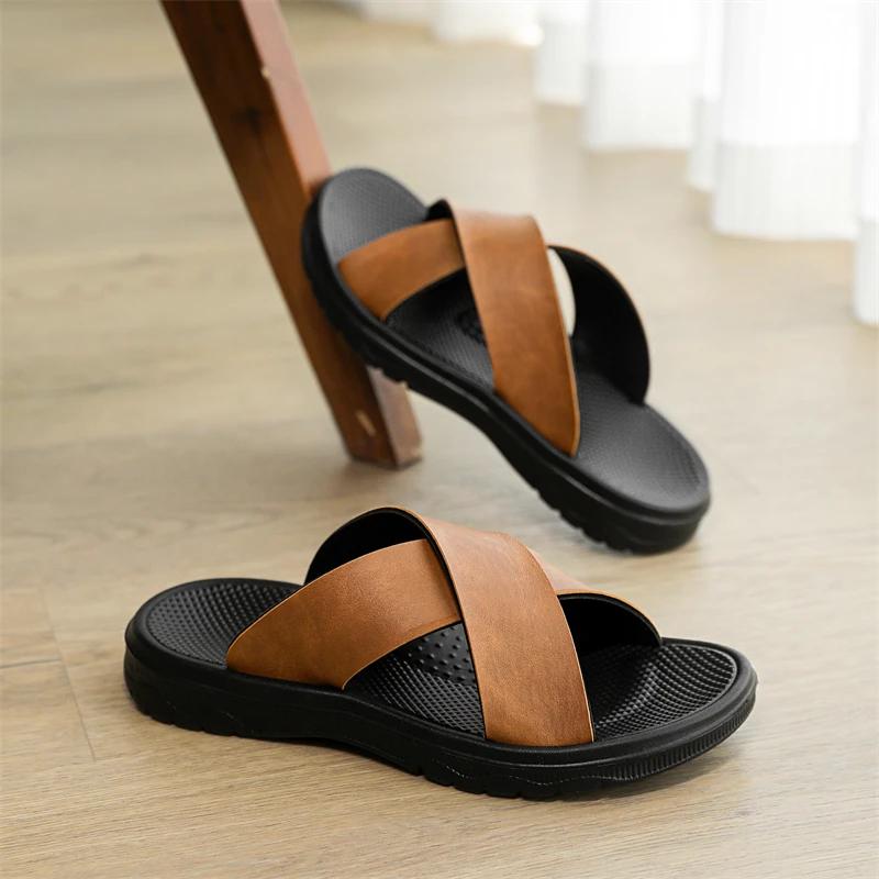 Summer Sandals Men Leather Classic Roman Open-toed Slipper Outdoor Beach Rubber Summer Shoes Flip Flop Water Sandals