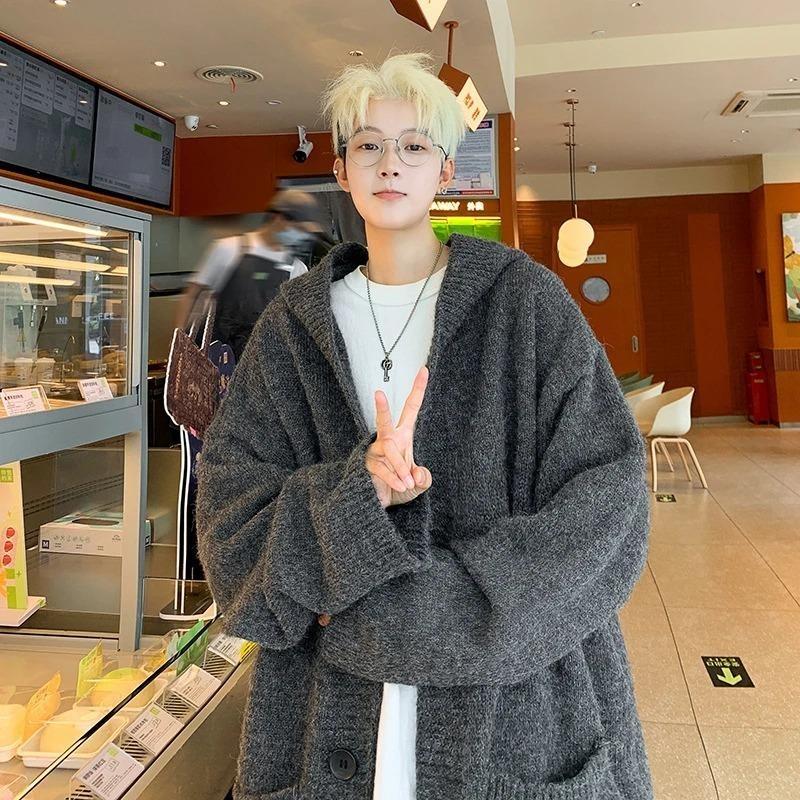 Dark Gray Cardigan Men's Autumn Winter New Lazy Style Loose Casual Simple Sweater Jacket