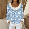 Women's Fashion Plush V Neck Pullover Top Long Sleeve Tee Christmas Printed Sweatshirt