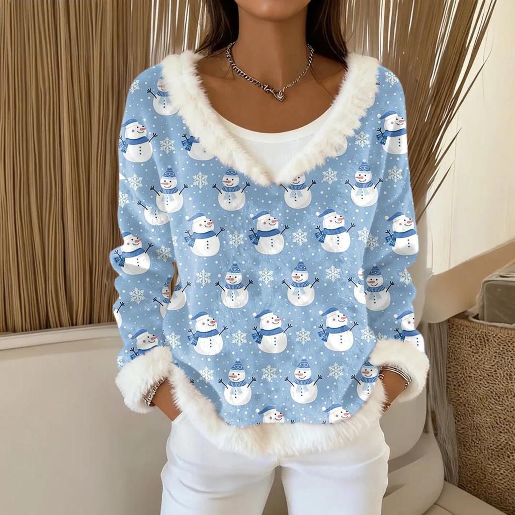 Women's Fashion Plush V Neck Pullover Top Long Sleeve Tee Christmas Printed Sweatshirt