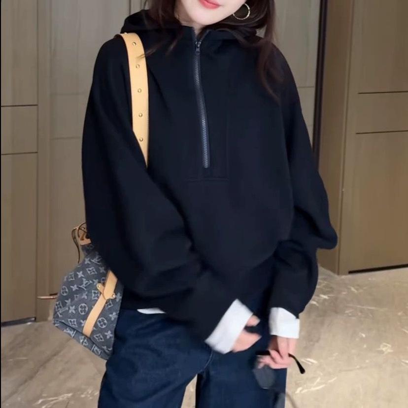 Women s Autumn 2025 Trendy Loose Casual Half-Zip Hoodie 5XL чёрный
