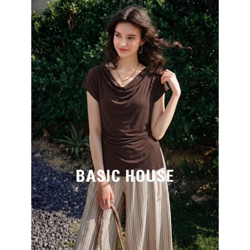 Basic House Women s French Cowl Neck Short Sleeve T-Shirt S