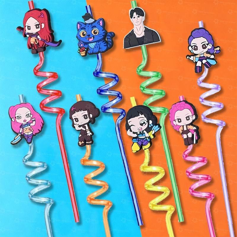 Kpop Lovce démonů Slámky Narozeninová dekorace Kreslená figurka Plastové slámky Party drobnosti Opakovaně použitelné slámky Šťastné narozeniny Dárky pro děti