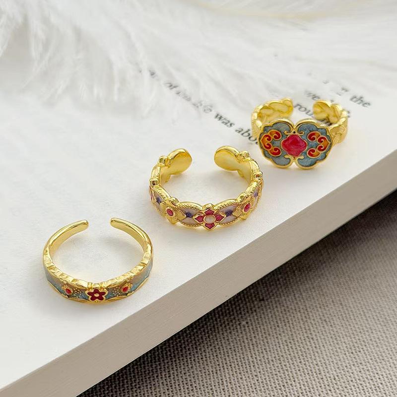 Styl Narodowy Emaliowany Kwiat Ruyi Otwierany Regulowany Pierścionek Damska Moda Lekki Luksusowy Styl Dworski Pierścionek