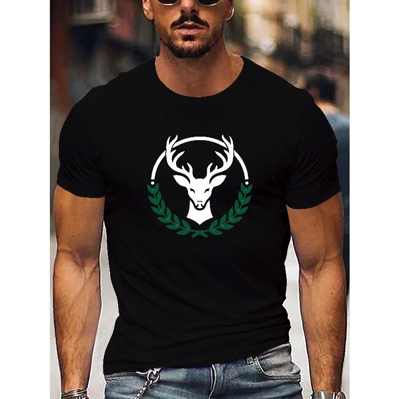 Men'S Casual Crew Neck T-Shirt with Deer Geometric Print - Regular Fit Short Sleeve Tee for Summer