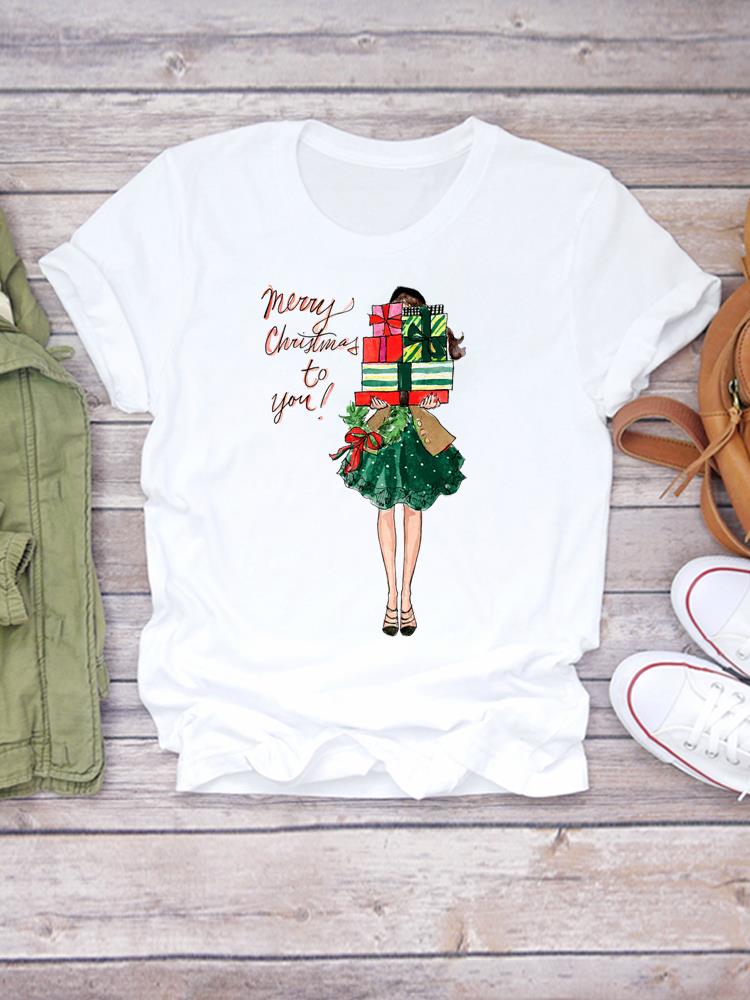 Printed Lady Clothing Fashion Christmas Women Plaid Truck Tree Trend 90s Short Sleeve TShirts New Year Graphic T Top Tee
