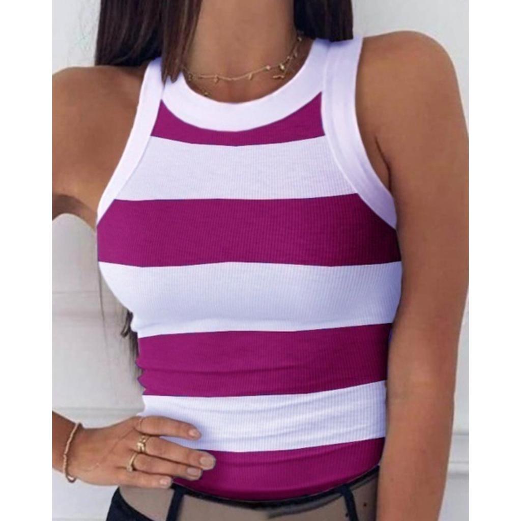 Women's Crew Neck Sleeveless Tank Top Slim Fit Striped Star Print Casual Camisole Tee