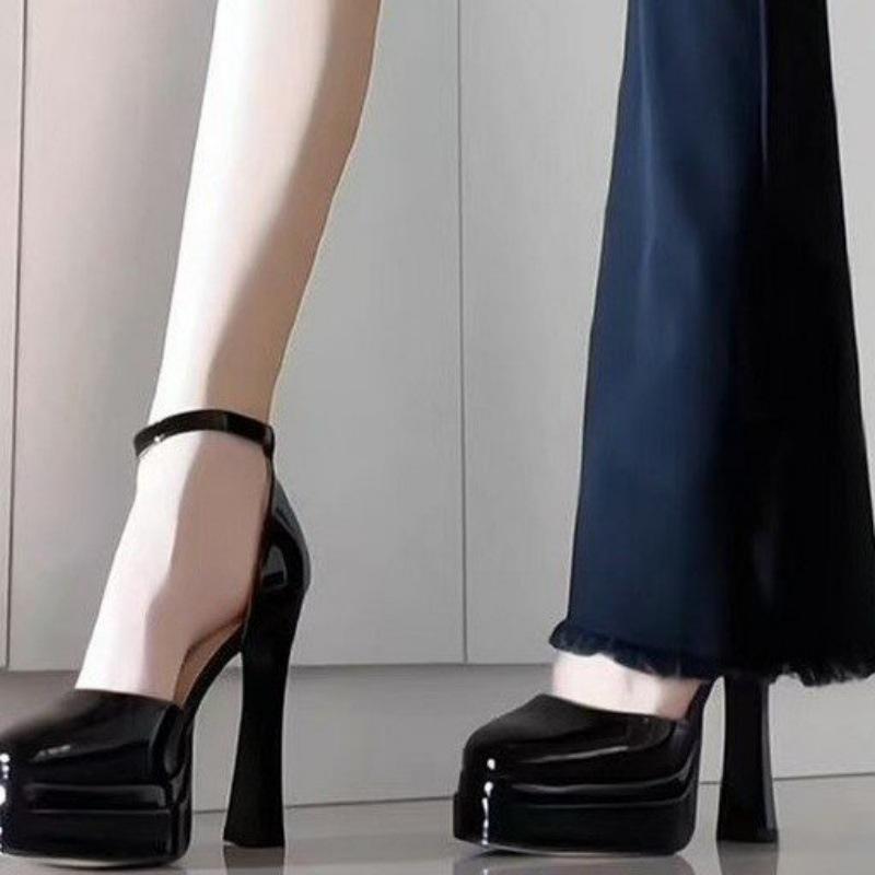 Sandalias de pasarela femeninas Mary Jane impermeables bolso de escritorio cabeza hueca hebilla de una tira con suela gruesa tacón grueso tacones altos beige