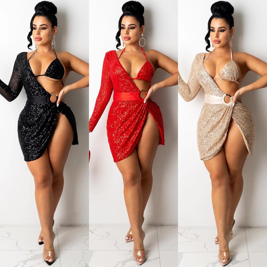 X5307 Women's Sexy Sequin Irregular Club Dress