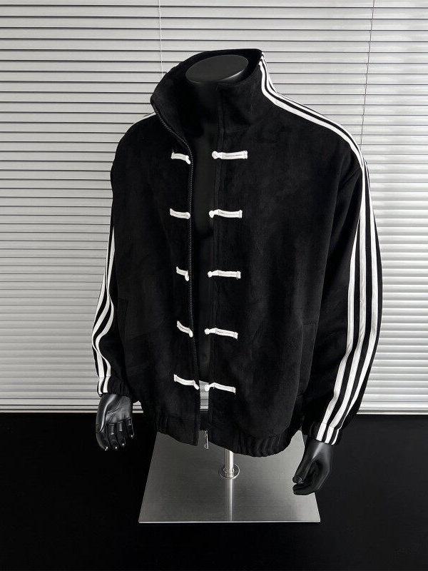 Men's Autumn Blue & White Patchwork Three-Stripe Stand Collar Jacket with Frog Buttons - New High-End Chinese Tang Suit Style.